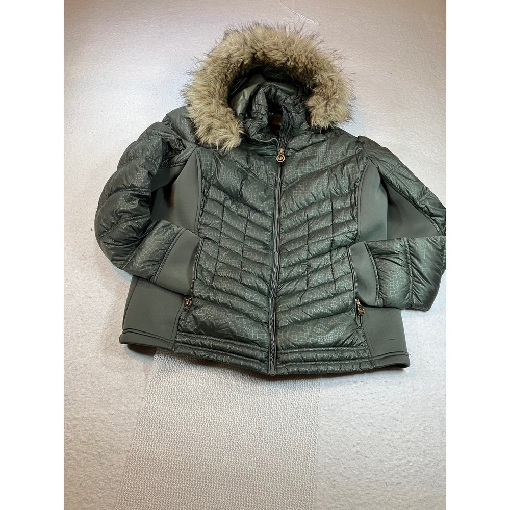 Michael Kors Down Puffy Jacket Faux Fur Hood Olive Green Animal Print Womens XL